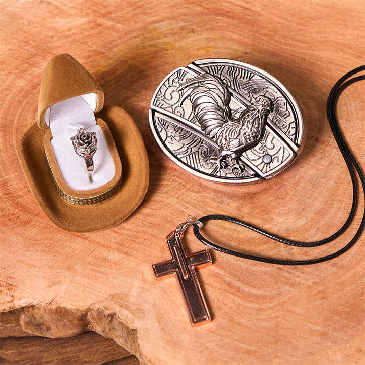 Lustiger Hahn DIY verstecktes Messer Gürtelschnalle Kreuz Anhänger Rose Ring Bundle Set