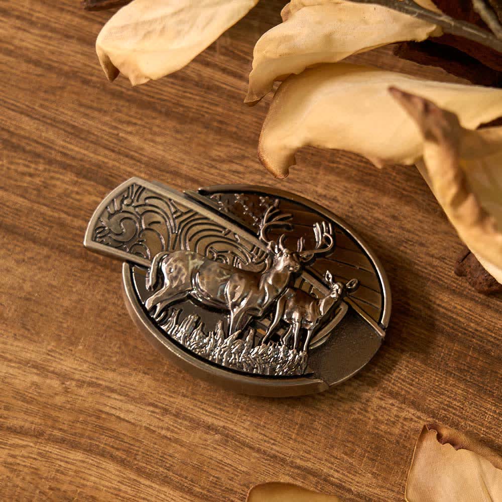 3-teiliges DIY-Gürtelschnallen-Set mit versteckten Klappmessern und Rosen und Hirschen