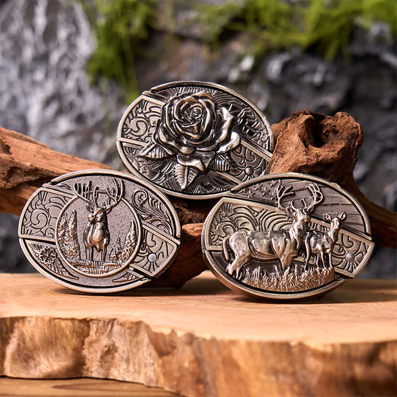 3-teiliges DIY-Gürtelschnallen-Set mit versteckten Klappmessern und Rosen und Hirschen