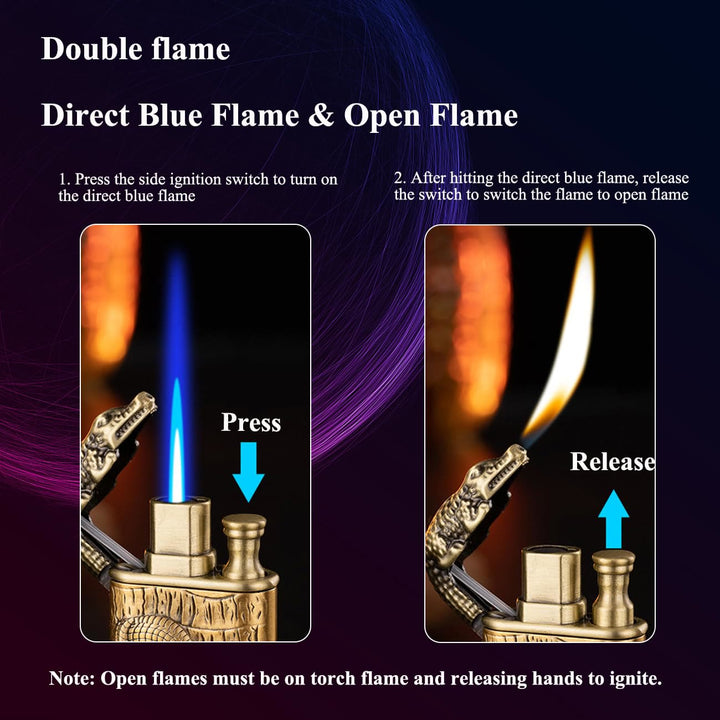 Nachfüllbares Butanfeuerzeug mit Doppelflamme und geprägtem Alligatorkopf