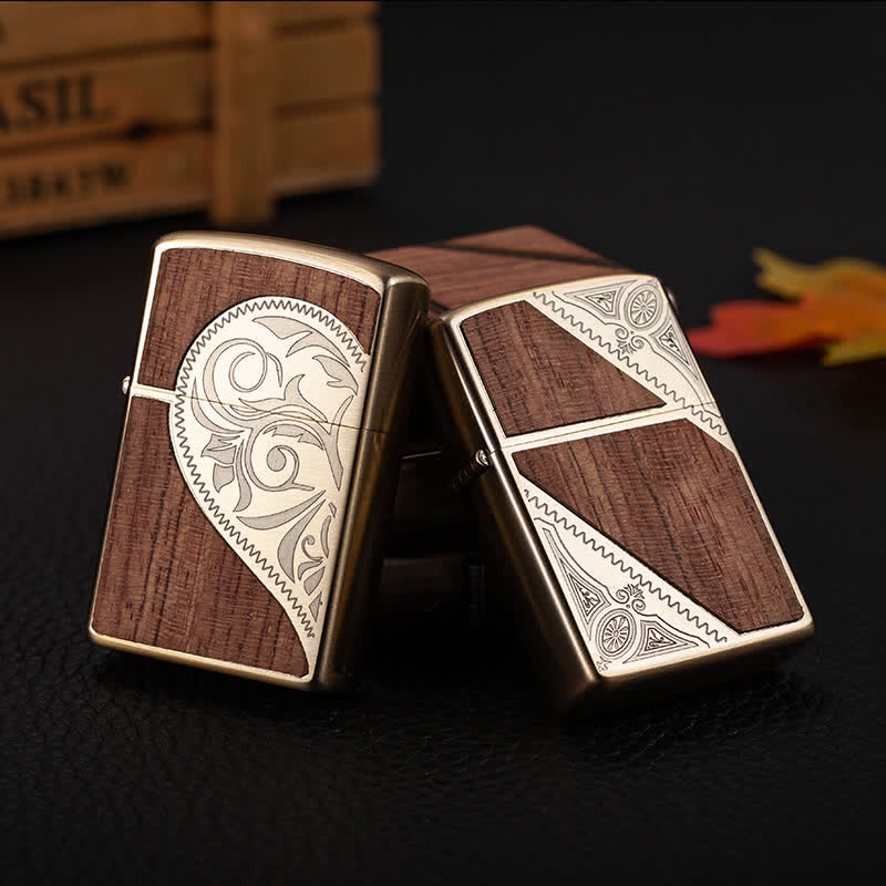 Nachfüllbares Kerosinfeuerzeug mit geschnitztem Retro-Muster aus Holz