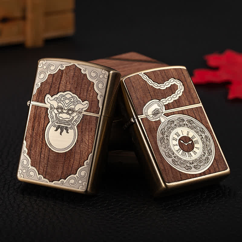 Nachfüllbares Kerosinfeuerzeug mit geschnitztem Retro-Muster aus Holz