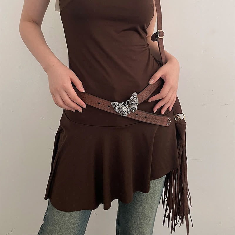 Damen-Ledergürtel mit geprägter Cowgirl-Schmetterlingsschnalle und Blumenmuster