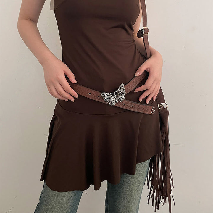 Damen-Ledergürtel mit geprägter Cowgirl-Schmetterlingsschnalle und Blumenmuster