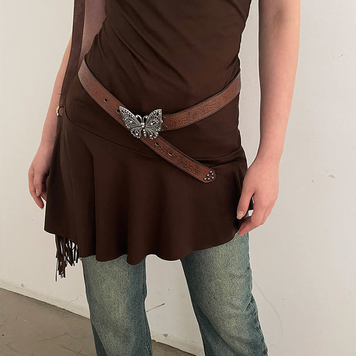 Damen-Ledergürtel mit geprägter Cowgirl-Schmetterlingsschnalle und Blumenmuster