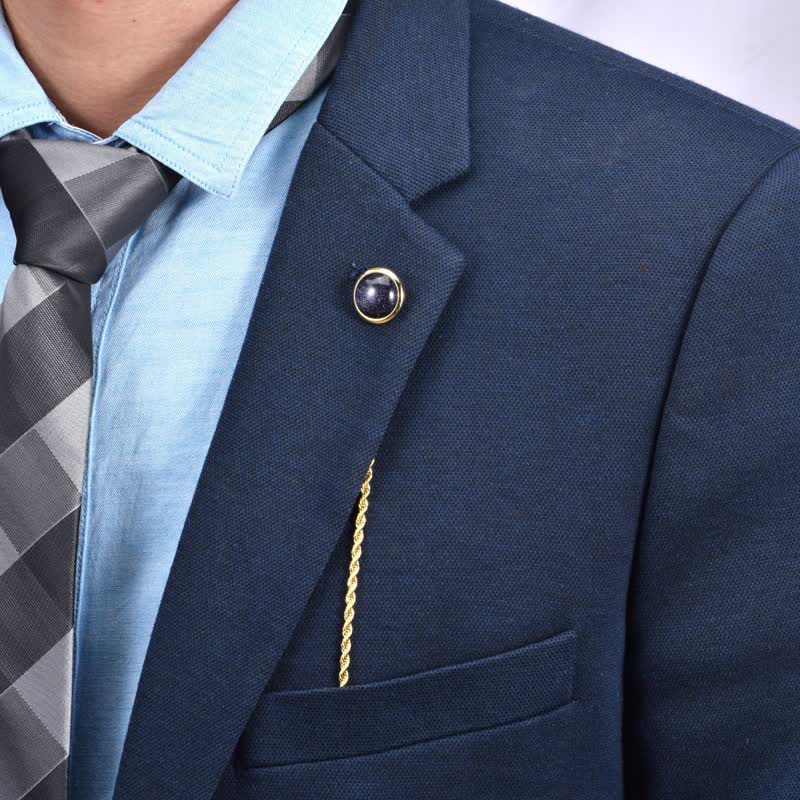 Klassische Reverskette mit natürlichem Edelstein für Herren, Anzugbrosche mit hängender Kette