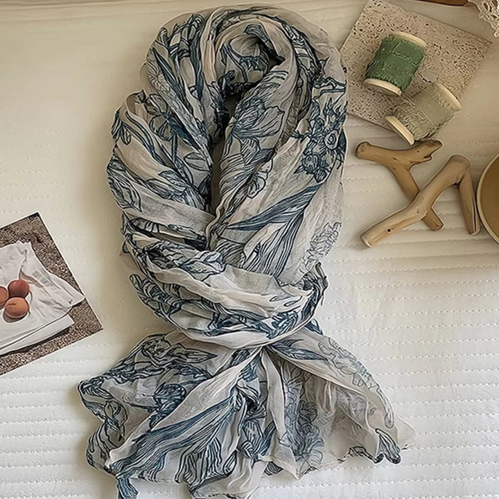 Leichter, dünner Damenschal aus Baumwollleinen mit Blumendruck