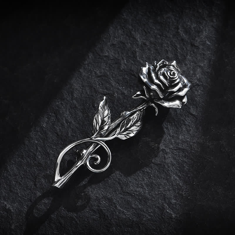 Romantische Herren-Brosche „Gentleman“ mit 3D-Rosenmotiv in Silber