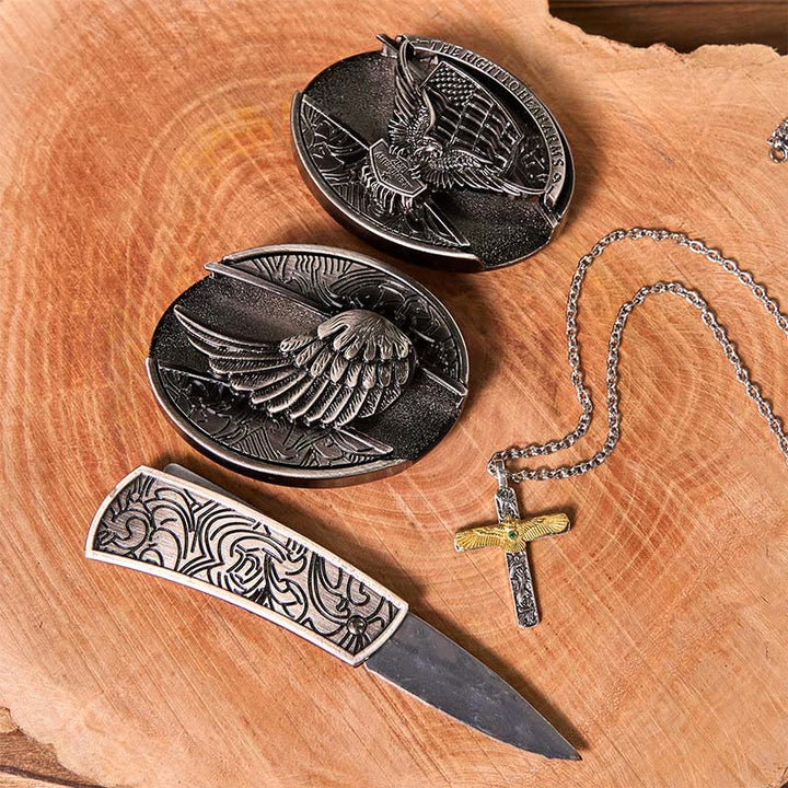 Adlerflügel DIY versteckte Messer Gürtelschnalle mit Adlerkreuz Halskette Bundle Set