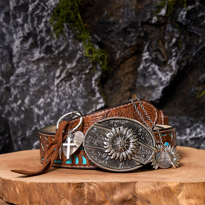 Western Sunflower DIY Verstecktes Messer Gürtelschnalle Halskette Schlüsselanhänger Bundle Set