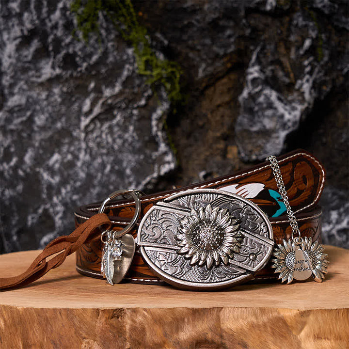 Western Sunflower DIY Verstecktes Messer Gürtelschnalle Halskette Schlüsselanhänger Bundle Set