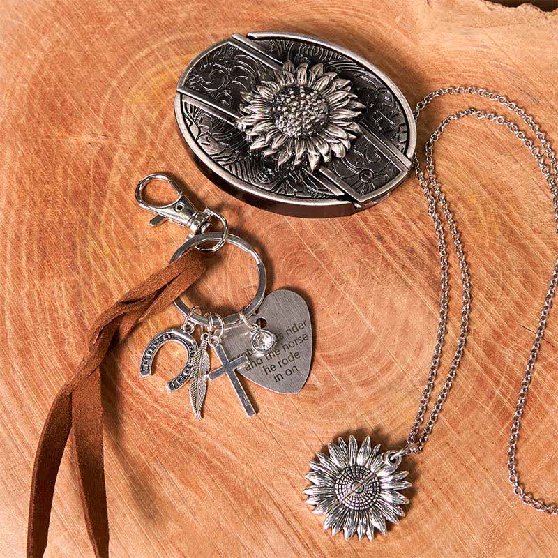Western Sunflower DIY Verstecktes Messer Gürtelschnalle Halskette Schlüsselanhänger Bundle Set