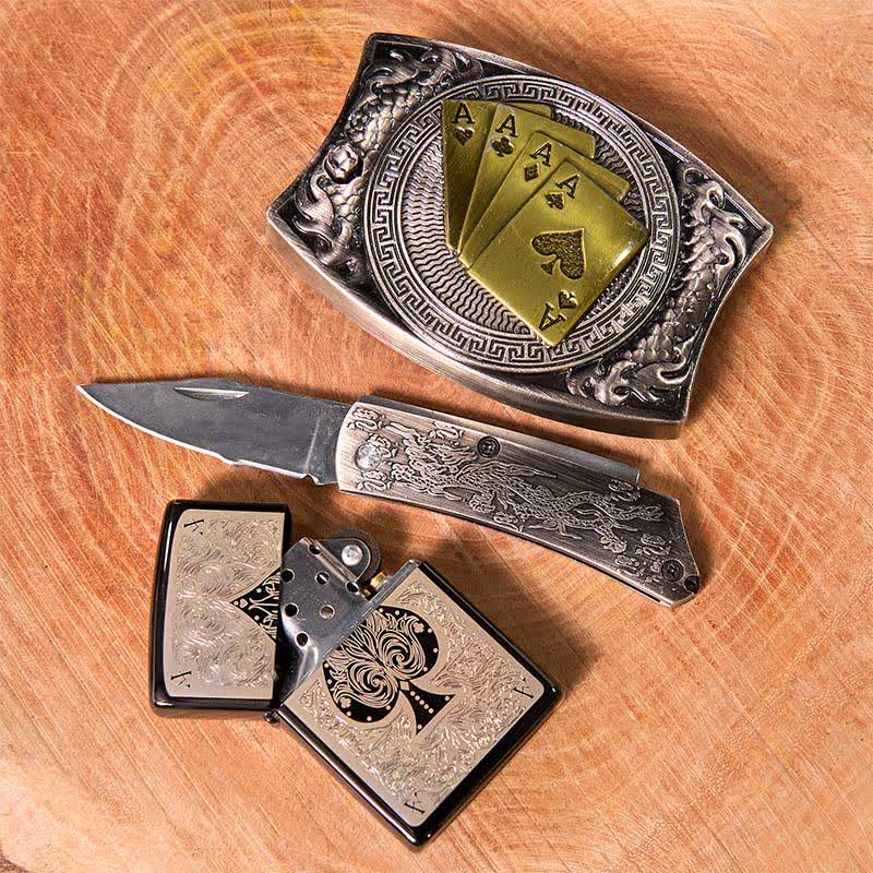 Poker Ace DIY Verstecktes Messer Gürtelschnalle Black Ice Feuerzeug Bundle Set