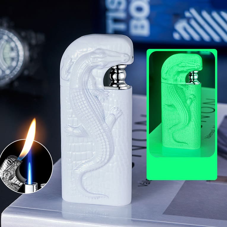 Nachfüllbares Butanfeuerzeug mit Doppelflamme und geprägtem Wildkrokodil