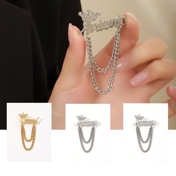 Benutzerdefinierte Namensbrosche mit Kronendekor Anzugzubehör