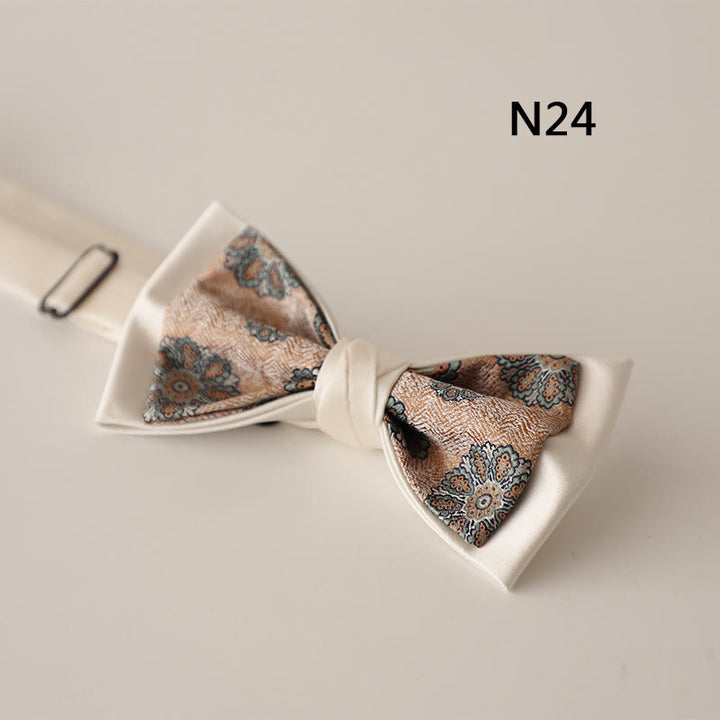 Beige gemusterte zweilagige Fliege aus Satin mit verstellbarem Riemen