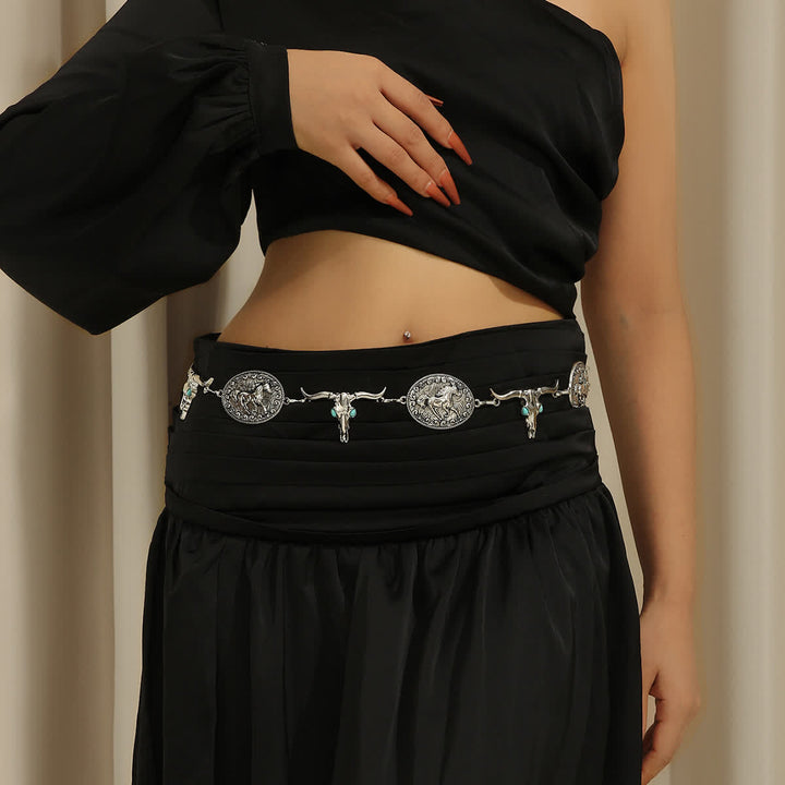 Damen Western Concho Gürtel Taillenkette mit Stierkopf-Imitat in Türkis
