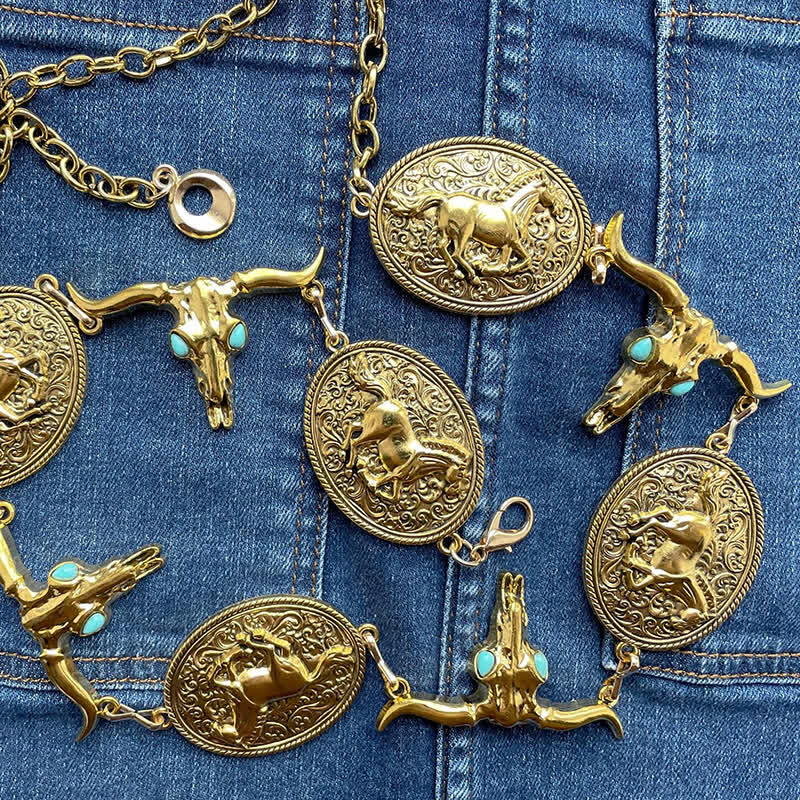 Damen Western Concho Gürtel Taillenkette mit Stierkopf-Imitat in Türkis