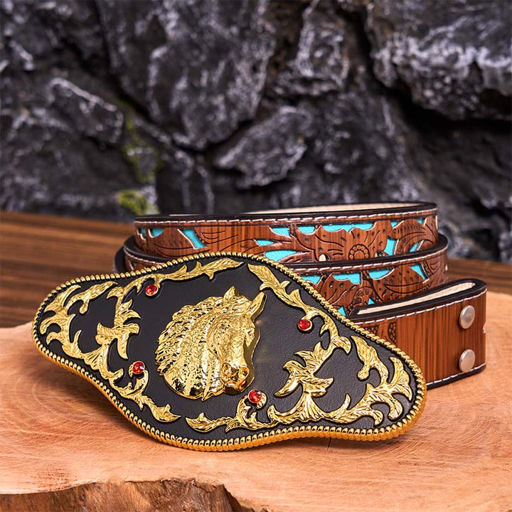 Schwarz-goldener Ledergürtel mit Pferdekopf-Schnalle - Schwarzer und goldener Pferdekopf - Türkisfarbener geschnitzter Gürtel - 42 - image 7