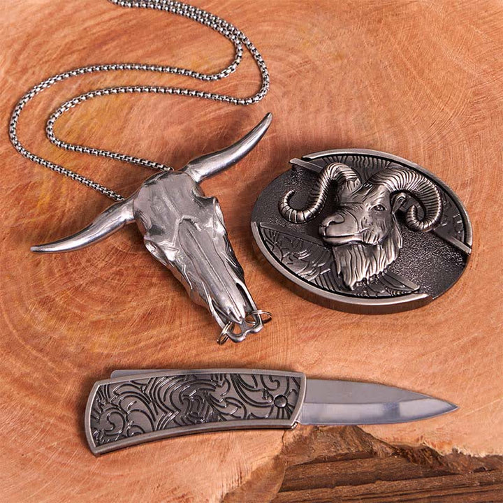 Ziege DIY versteckte Messer Gürtelschnalle Longhorn Anhänger Kreuz Halskette Bundle Set