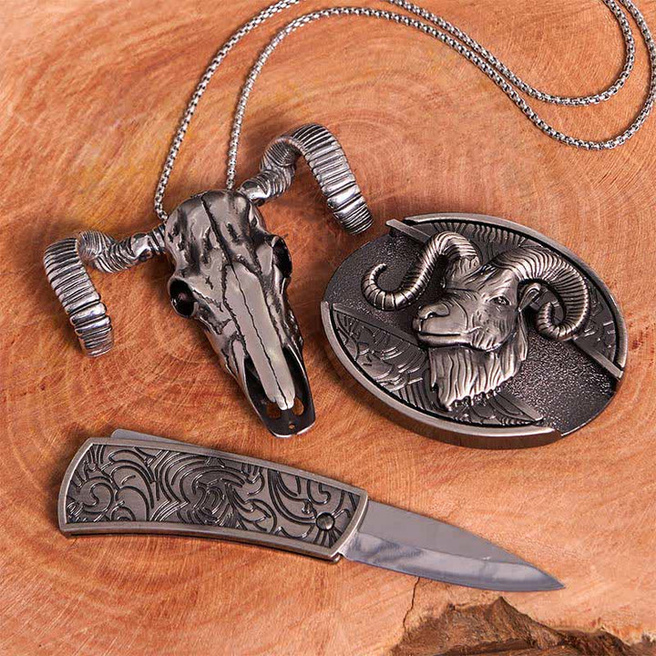Ziege DIY verstecktes Messer Gürtelschnalle Totenkopf Schaf Anhänger Bundle Set