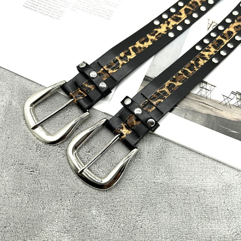 Damengürtel mit Leopardenmuster und Nieten aus Leder