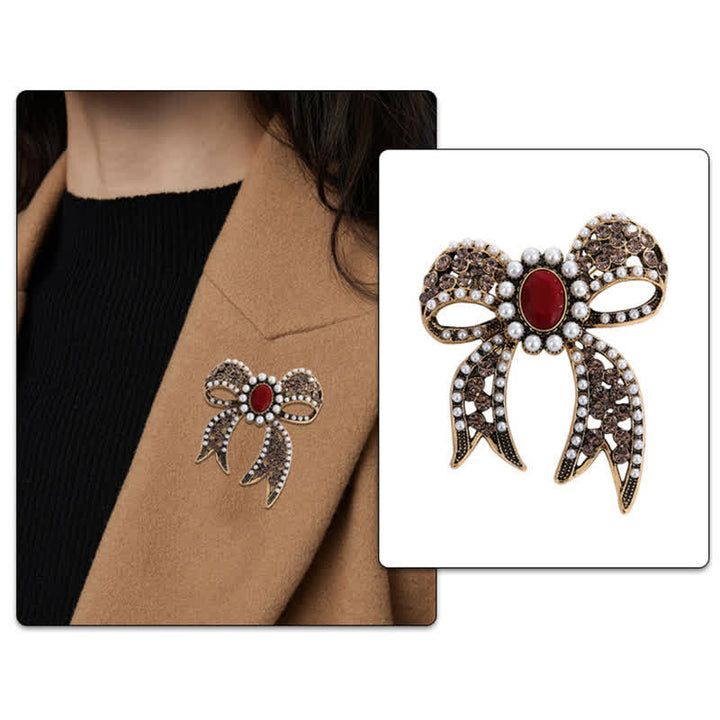 Große rote Kristallperlen-Brosche mit Schleife für Damen