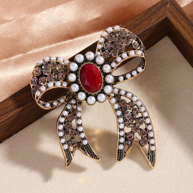 Große rote Kristallperlen-Brosche mit Schleife für Damen