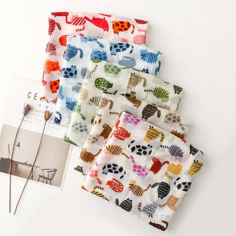 Leichter, dünner Damenschal mit süßem Katzen-Print