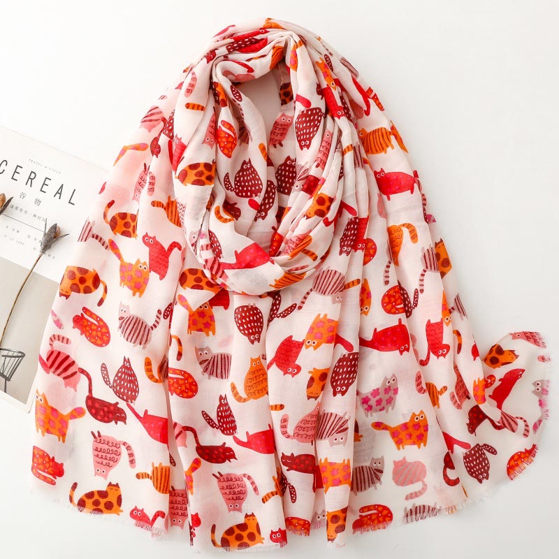 Leichter, dünner Damenschal mit süßem Katzen-Print