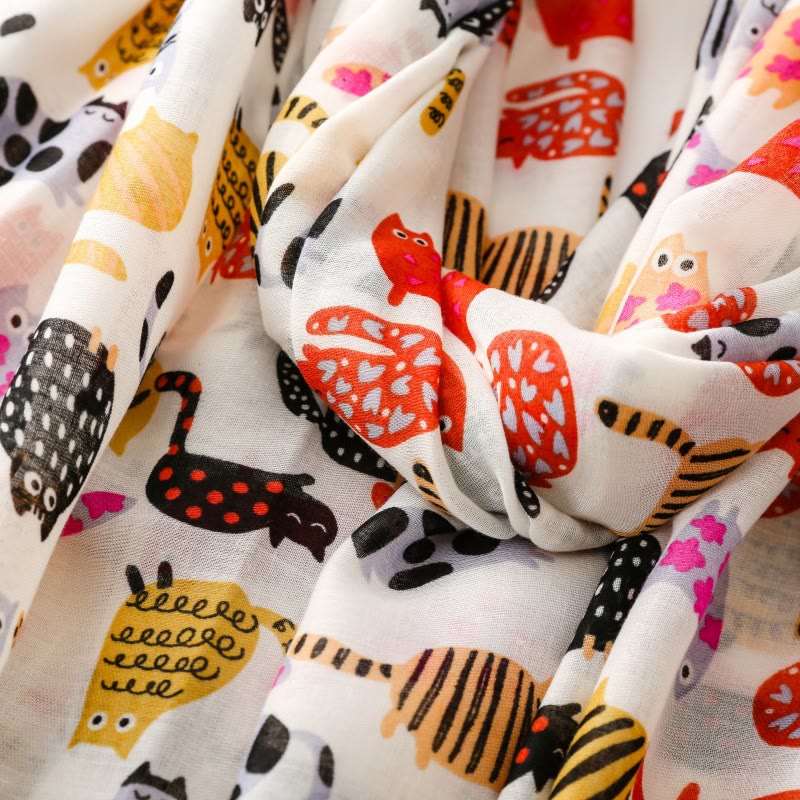 Leichter, dünner Damenschal mit süßem Katzen-Print