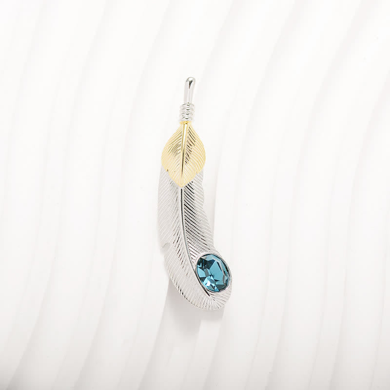 Unisex-Brosche in Federform mit Kunstkristall in Blau