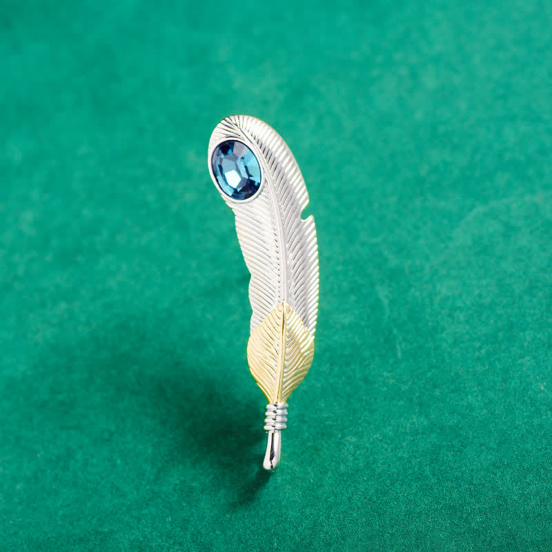 Unisex-Brosche in Federform mit Kunstkristall in Blau