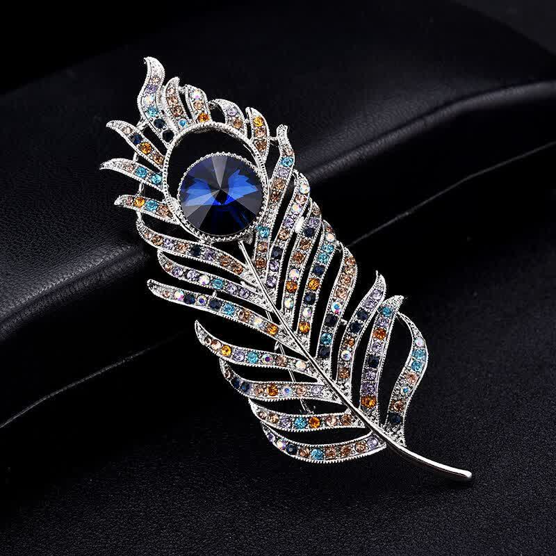 Unisex-Brosche in Form einer Phönixfeder mit bunten Strasssteinen