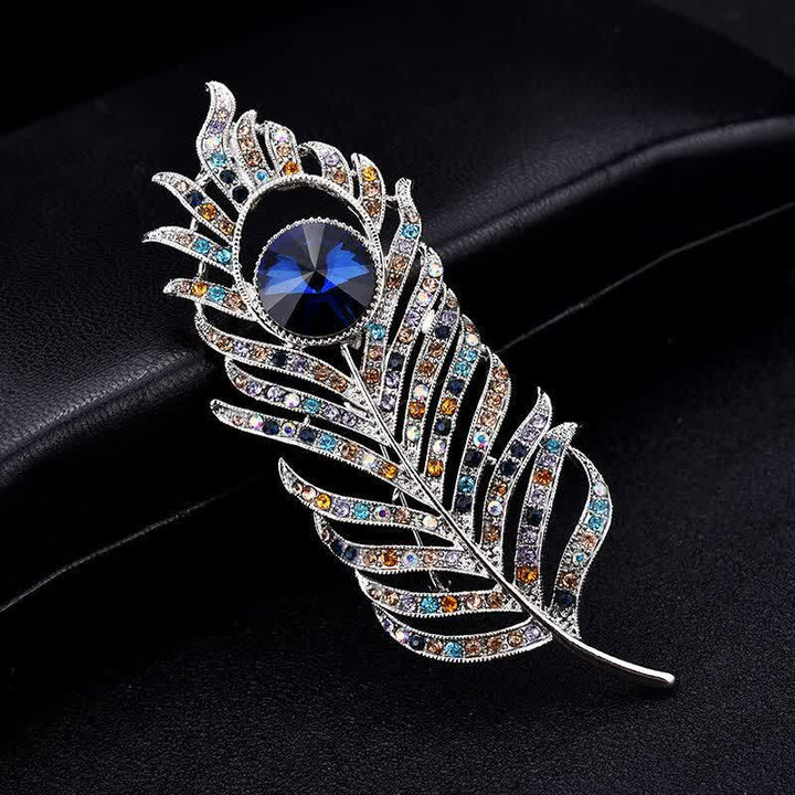 Unisex-Brosche in Form einer Phönixfeder mit bunten Strasssteinen