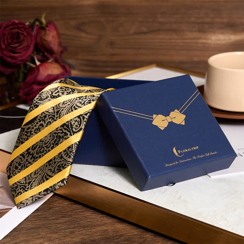 3-tlg. Herren-Krawatten-Set mit gelbem gestreiftem Paisley-Muster