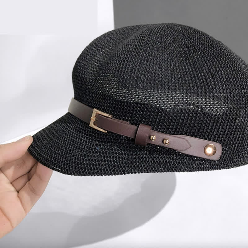 Damen Baskenmütze aus Stroh mit gewebtem Lederbanddekor