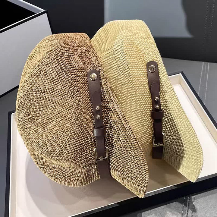 Damen Baskenmütze aus Stroh mit gewebtem Lederbanddekor