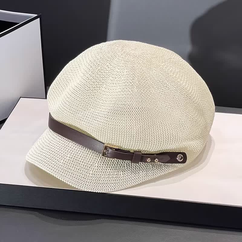 Damen Baskenmütze aus Stroh mit gewebtem Lederbanddekor