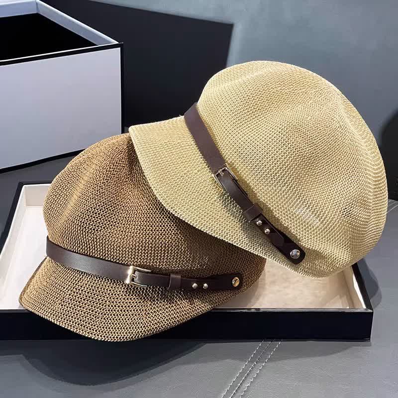 Damen Baskenmütze aus Stroh mit gewebtem Lederbanddekor