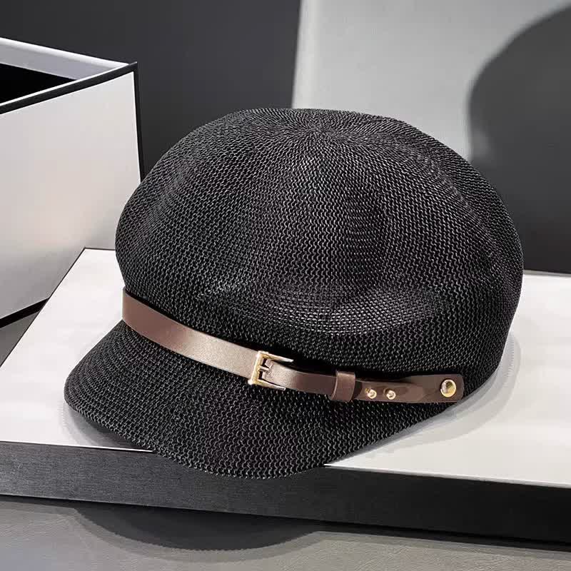 Damen Baskenmütze aus Stroh mit gewebtem Lederbanddekor