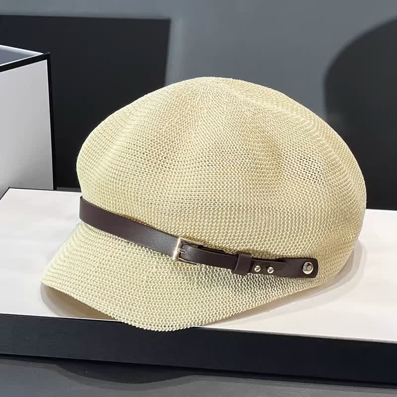 Damen Baskenmütze aus Stroh mit gewebtem Lederbanddekor