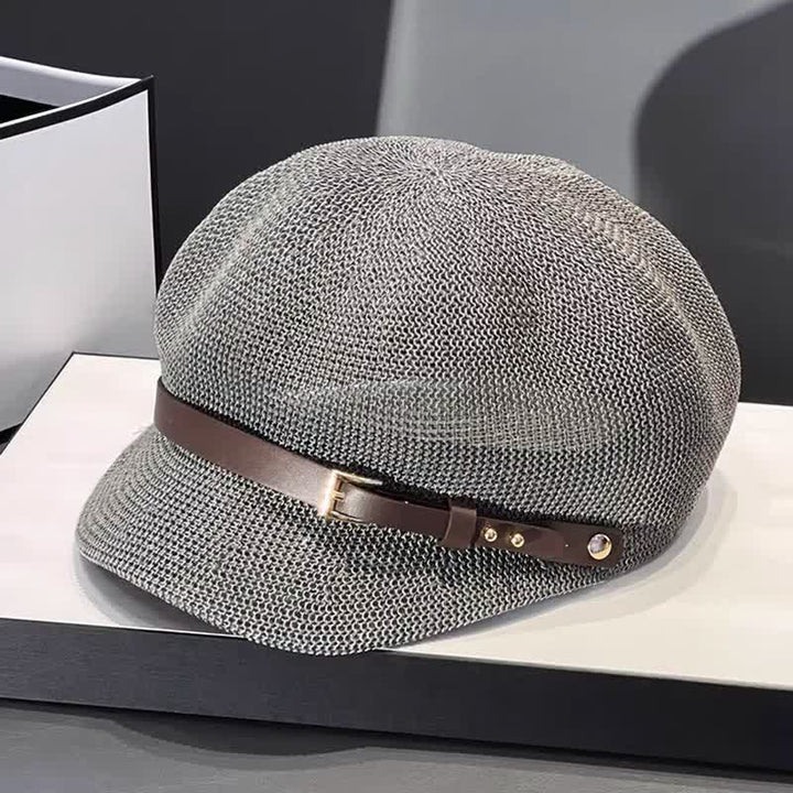 Damen Baskenmütze aus Stroh mit gewebtem Lederbanddekor