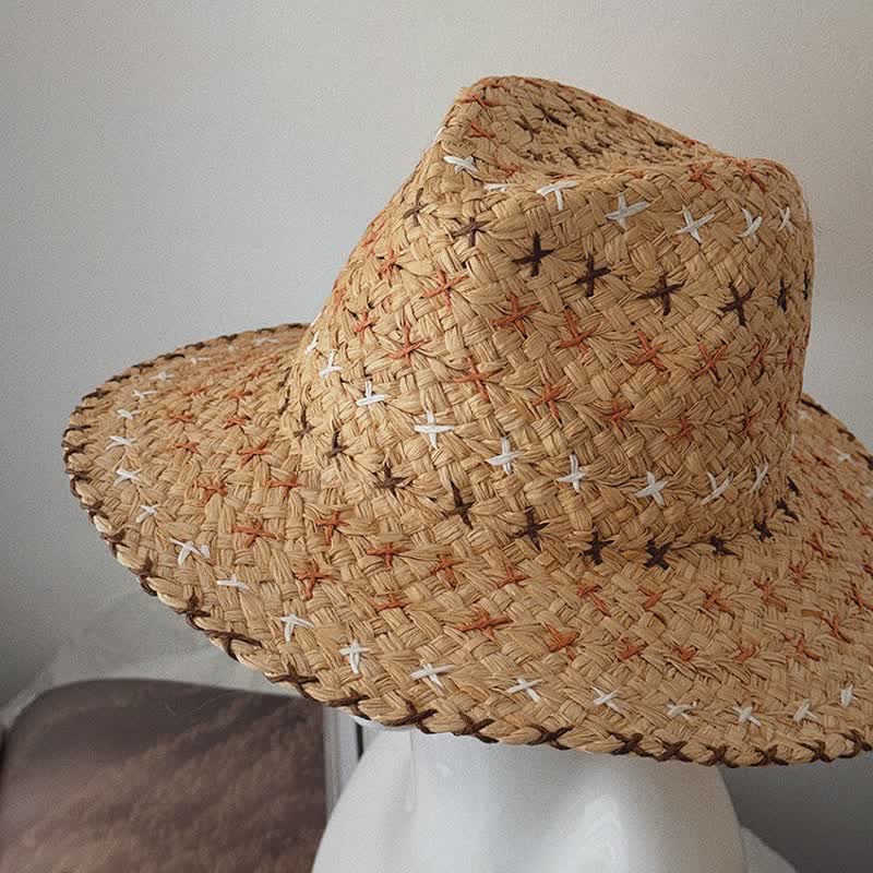 Atmungsaktiver Unisex-Fedora-Hut aus Stroh mit flacher Oberseite und großer Traufe