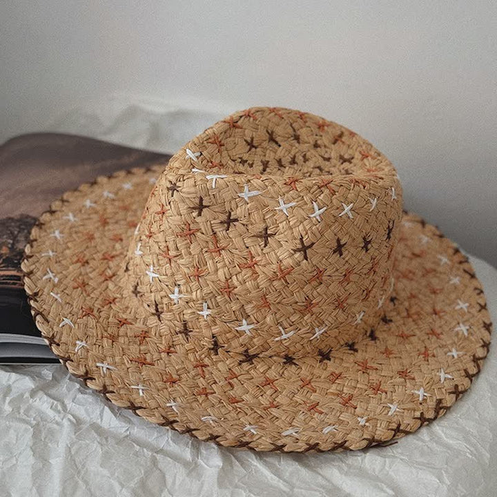 Atmungsaktiver Unisex-Fedora-Hut aus Stroh mit flacher Oberseite und großer Traufe