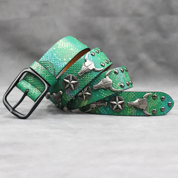 Silberner Stierkopf-Nietengürtel aus schwarzem Leder mit Schlangenhaut-Print