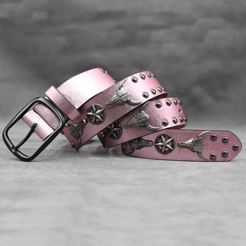 Silberner Stierkopf-Nietengürtel aus schwarzem Leder mit Schlangenhaut-Print