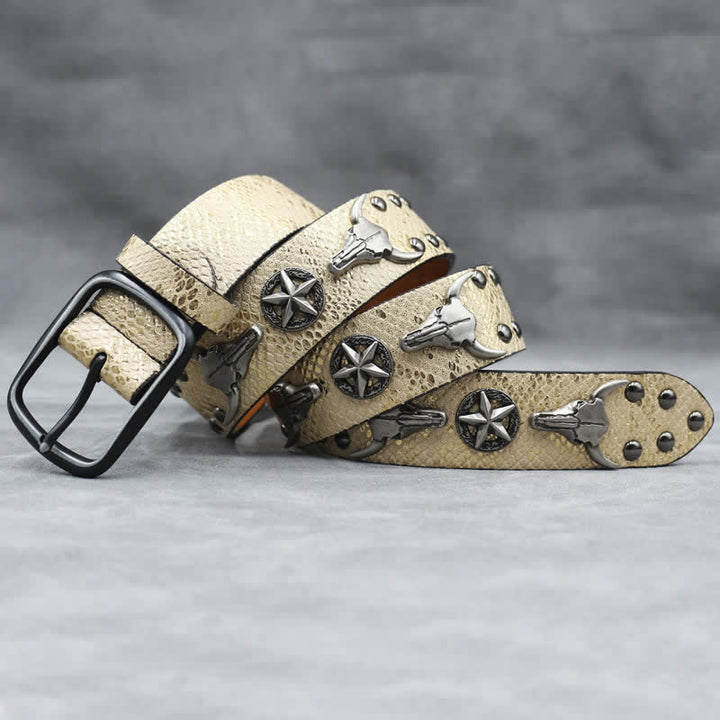 Silberner Stierkopf-Nietengürtel aus schwarzem Leder mit Schlangenhaut-Print
