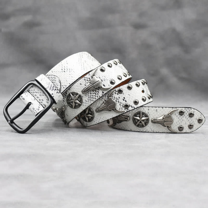Silberner Stierkopf-Nietengürtel aus schwarzem Leder mit Schlangenhaut-Print