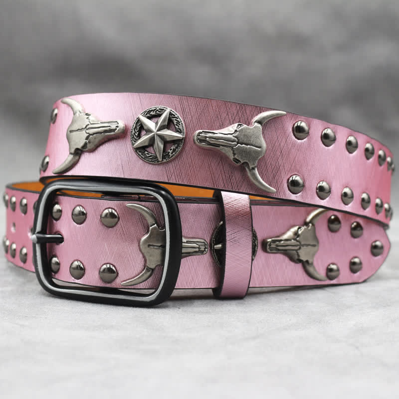 Silberner Stierkopf-Nietengürtel aus schwarzem Leder mit Schlangenhaut-Print